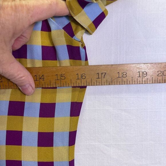 LHD Blue Plum Yellow Gingham Button Down Short Sleeve Silk Dress Size 4 - Picture 10 of 12